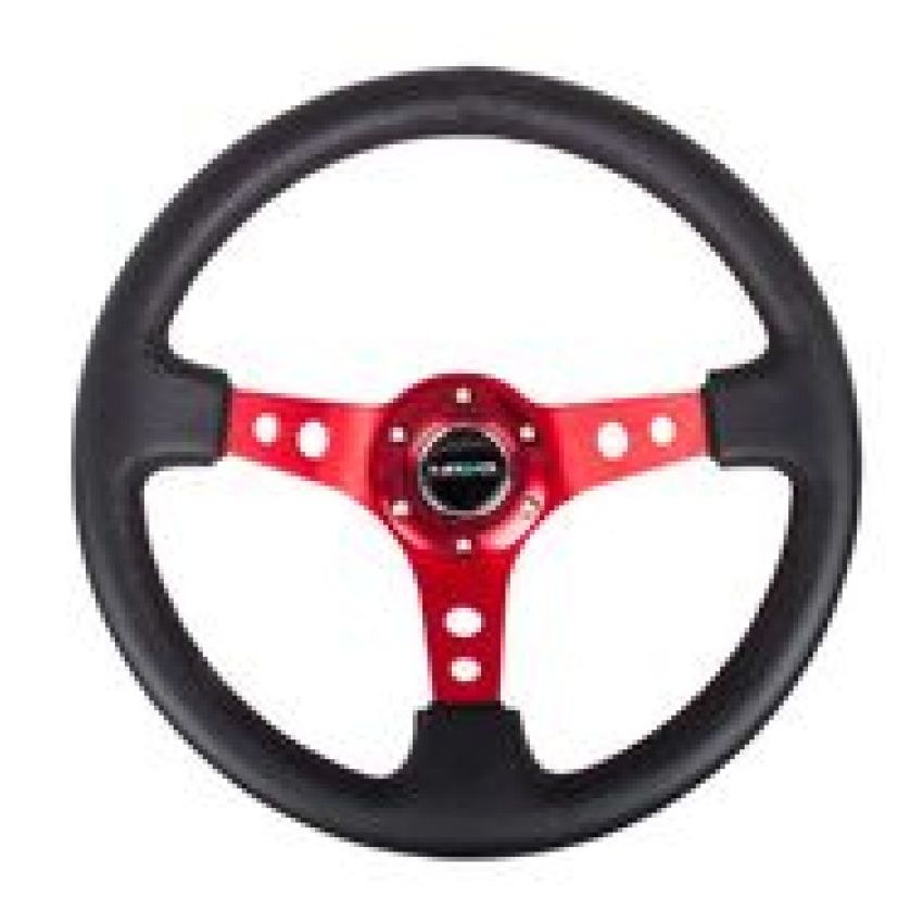 NRG Reinforced Steering Wheel (350mm / 3in. Deep) Blk Leather w/Red Circle Cutout Spokes