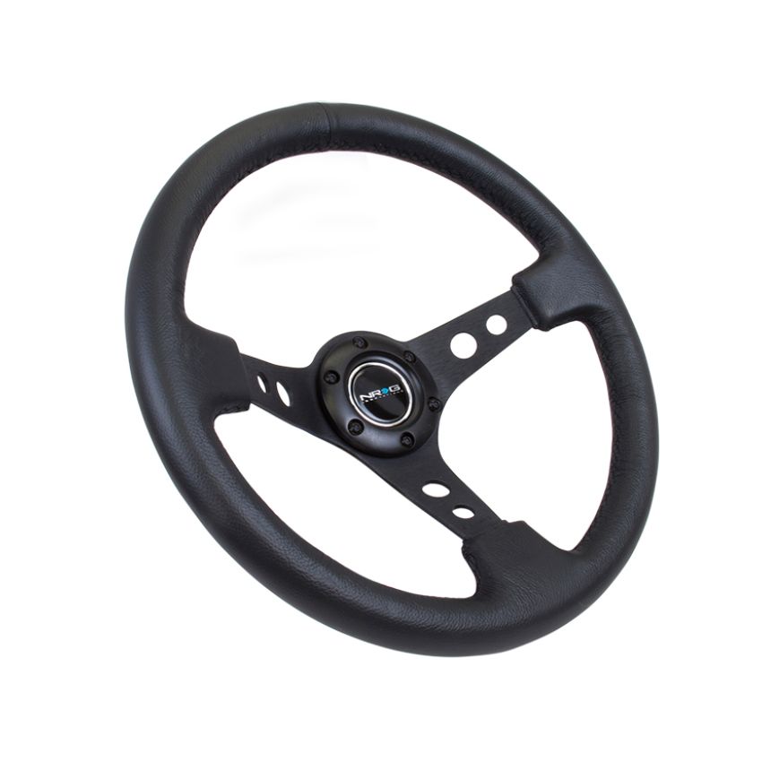 NRG Reinforced Steering Wheel (350mm / 3in. Deep) Blk Leather w/Blk Spoke & Circle Cutouts