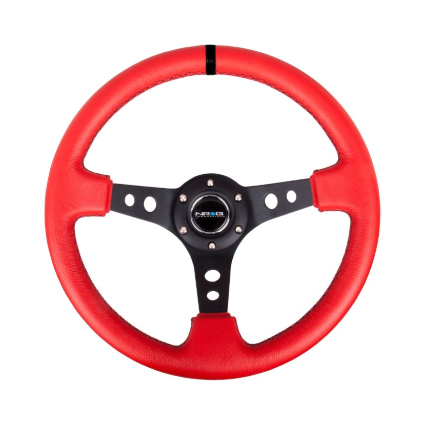 NRG Reinforced Steering Wheel (350mm / 3in. Deep) Red Suede w/Blk Circle Cutout Spokes