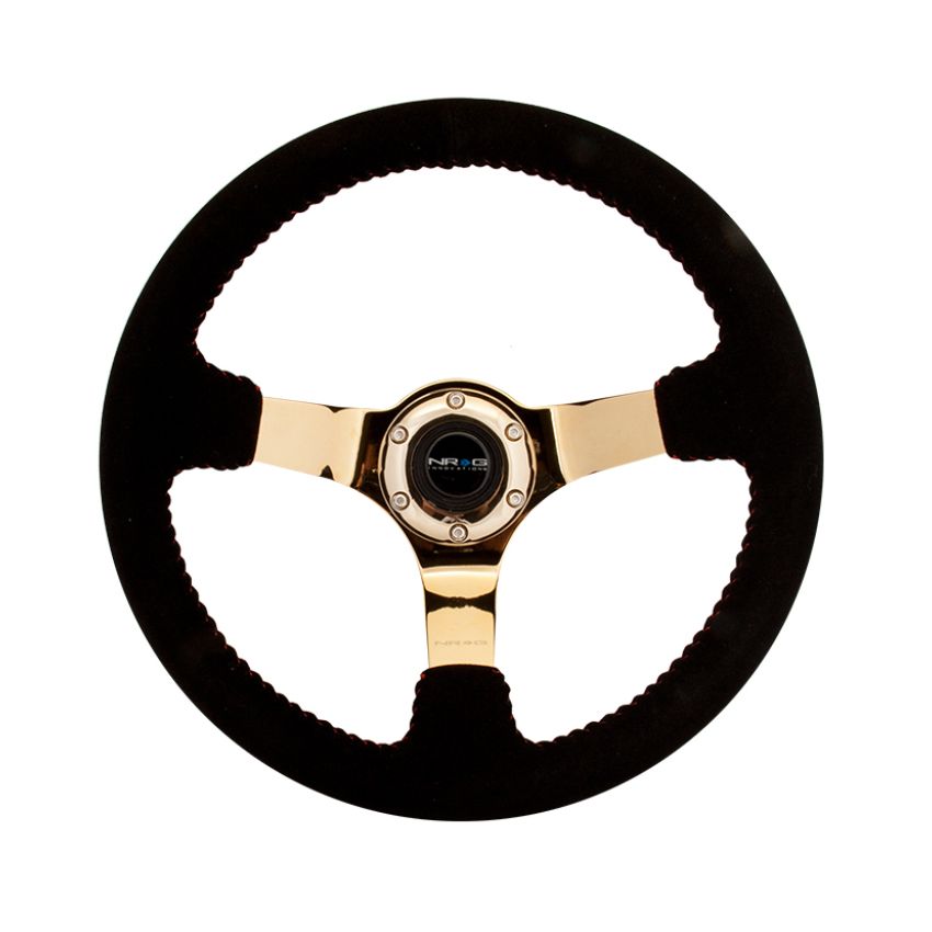 NRG Reinforced Steering Wheel (350mm / 3in. Deep) Blk Suede w/Red BBall Stitch & Chrome Gold 3-Spoke