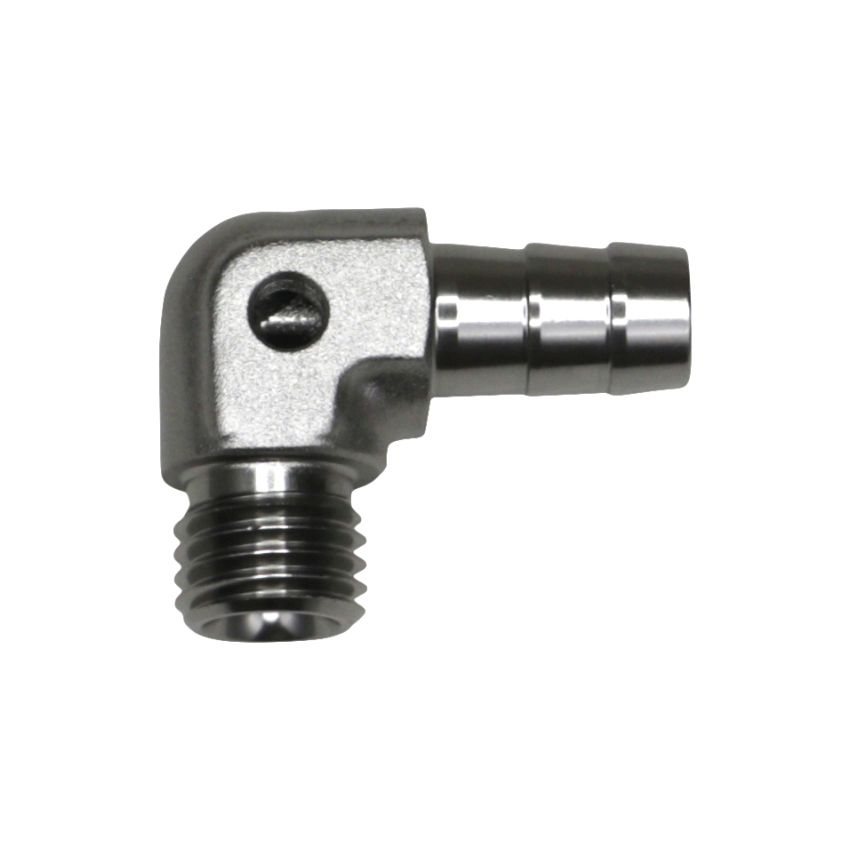 DeatschWerks Metric M12 to 3/8in Hose Barb 90-Degree Fitting w/ Venturi Port - Anodized DW Titanium