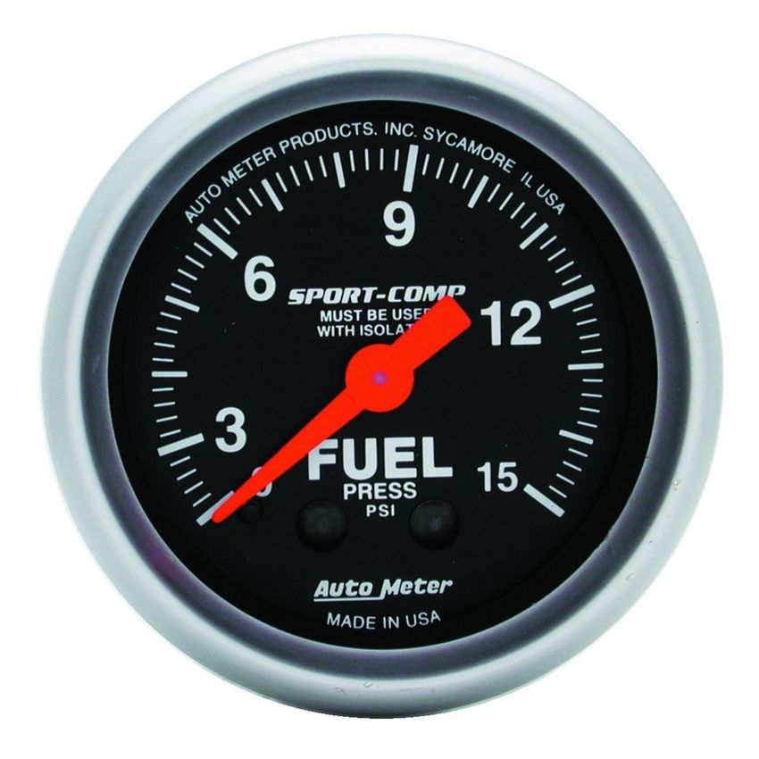 AutoMeter Gauge Fuel Pressure 2-1/16in. 15PSI Mechanical W/Isolator Sport-Comp