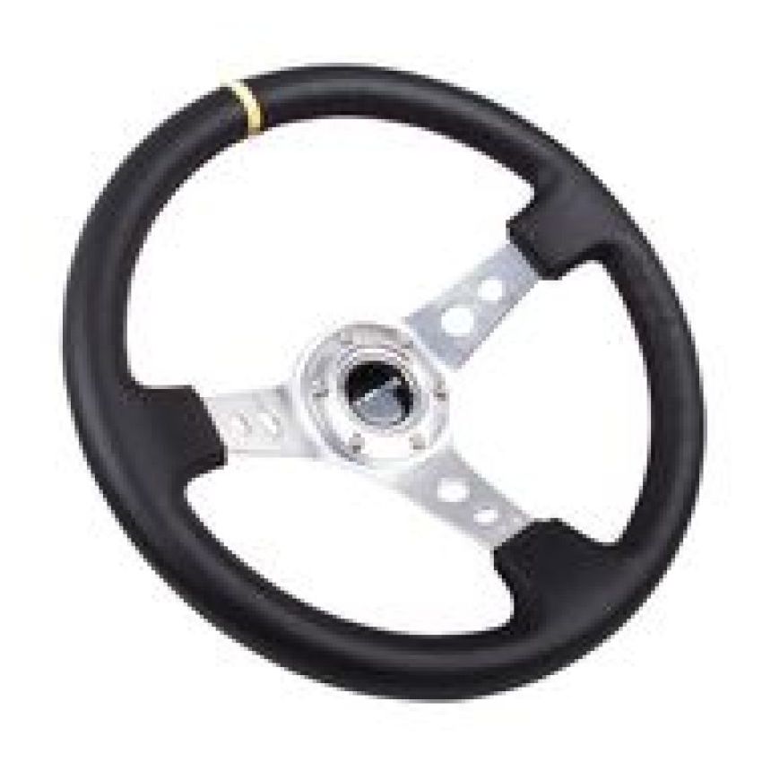 NRG Reinforced Steering Wheel (350mm / 3in. Deep) Blk Leather w/Circle Cut Spokes & Single Yellow CM