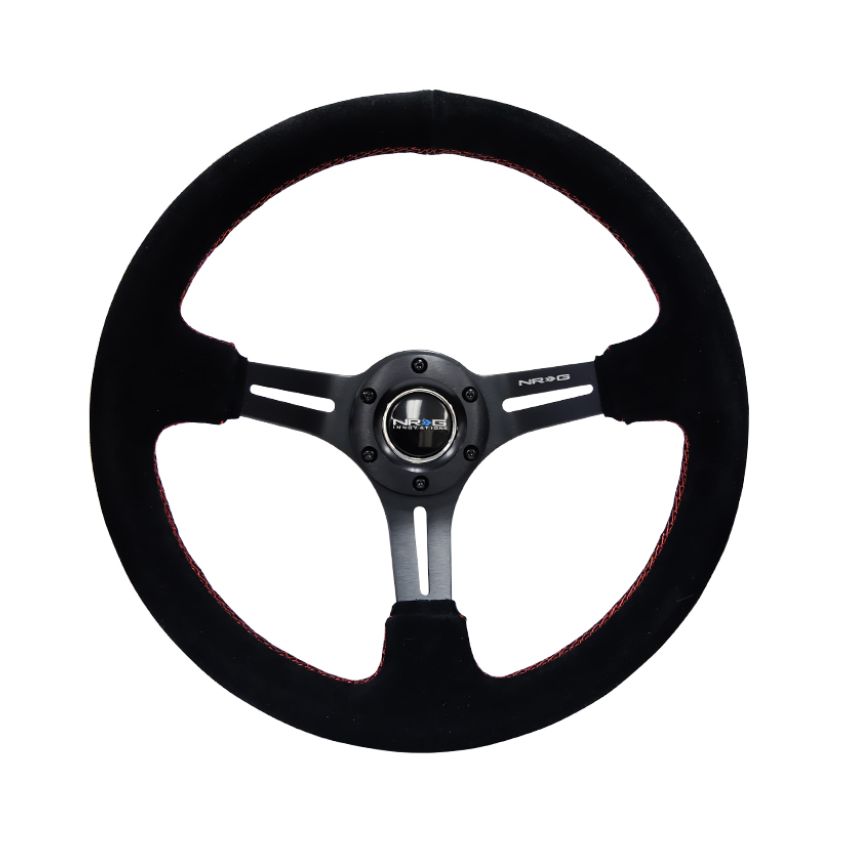 NRG Reinforced Steering Wheel (350mm / 3in. Deep) Blk Suede w/Red Stitching & 5mm Spokes w/Slits