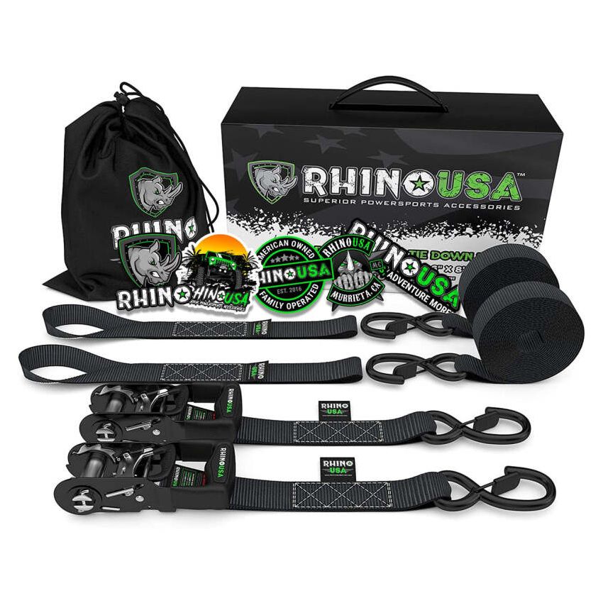 Rhino USA GRLA-TDWN-SET Heavy Duty Ratchet Tie-Downs 2-Pack (Black) 1.6In X 8Ft
