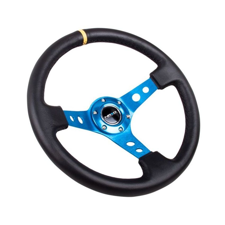 NRG Reinforced Steering Wheel (350mm / 3in. Deep) Blk Leather w/Blue Cutout Spoke & Single Yellow CM