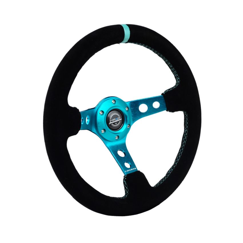 NRG RST-006S-TL Reinforced Steering Wheel (350mm/ 3in. Deep) Black Suede/ Teal Center Mark/ Teal Stitching