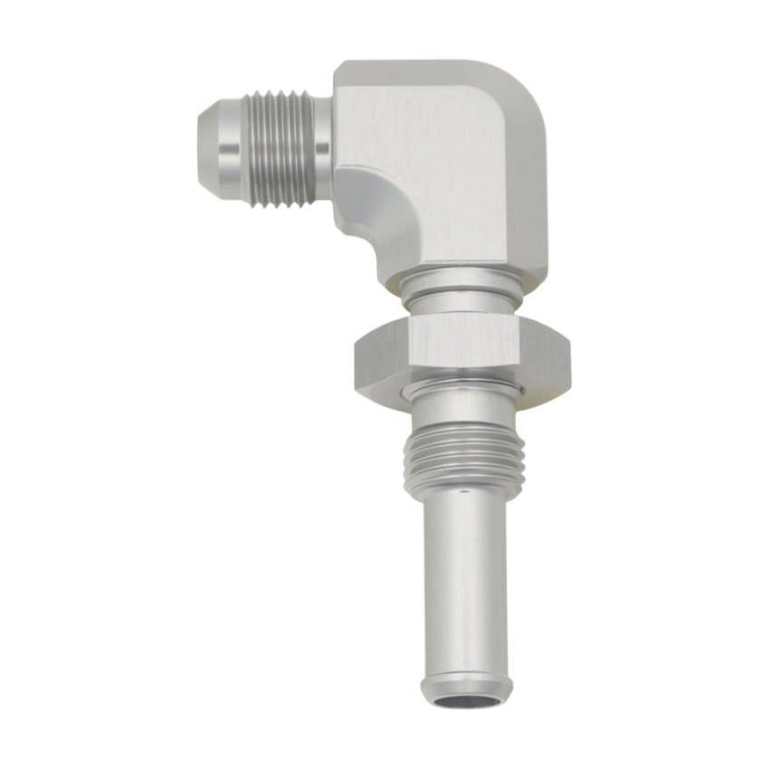 DeatschWerks 6AN Male Flare to 90-Degree 3/8in Single Hose Barb - Anodized DW Titanium