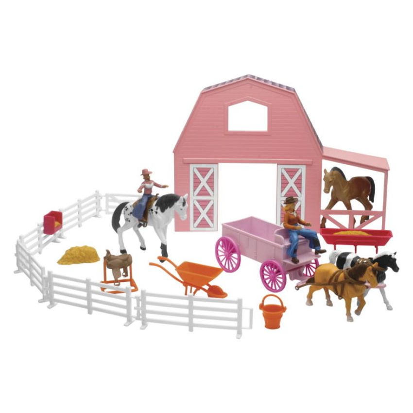 New Ray Toys SS-05786 Valley Ranch Set with Pink Barn, Horses, Cowgirls and Fences/ Scale 1:32