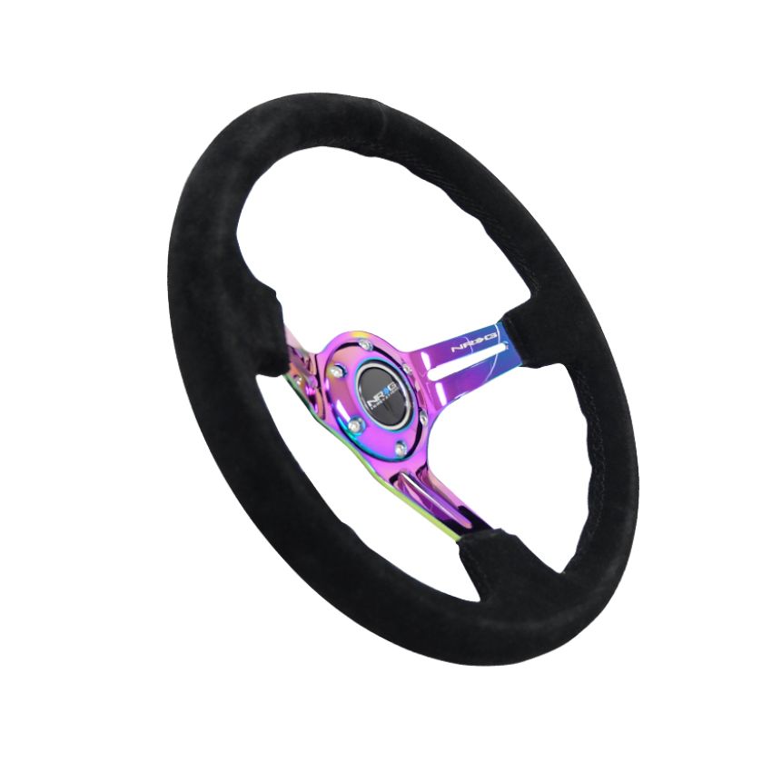 NRG Reinforced Steering Wheel (350mm / 3in. Deep) Blk Suede/Blk Stitch w/Neochrome Slits