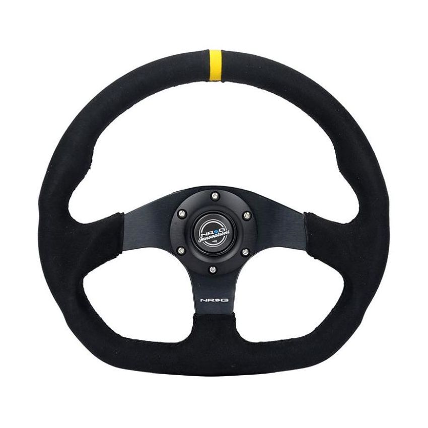 NRG RST-024D-MB-SA-Y Reinforced Steering Wheel (320mm) Sport Alcantara Dual Push Buttons Flat Bottom w/Yellow Center
