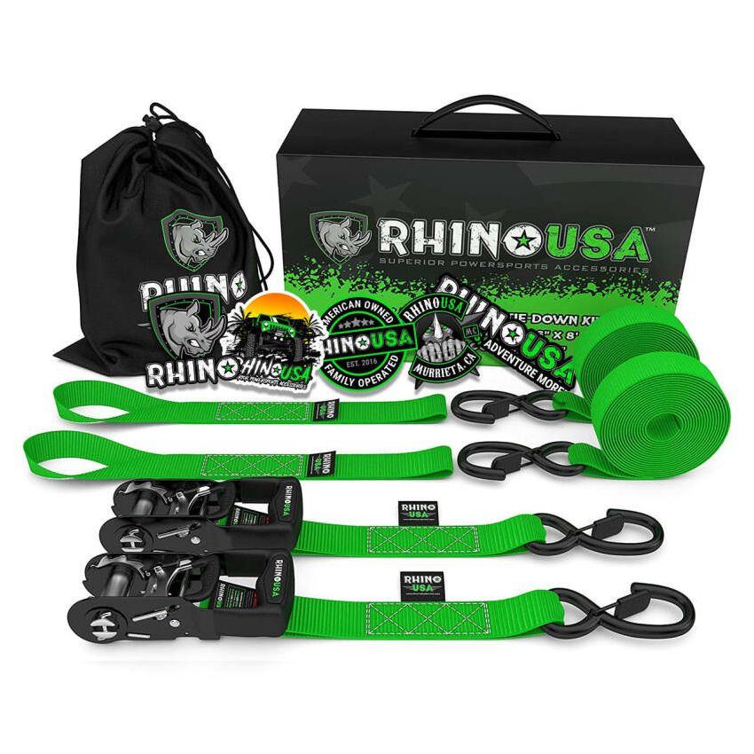 Rhino USA HDKIT-2PK-GRN Heavy Duty Ratchet Tie-Downs 2-Pack (Green) 1.6In X 8Ft