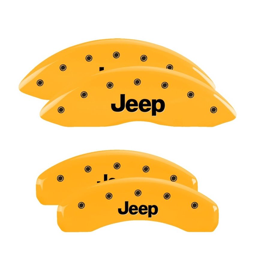 MGP 4 Caliper Covers Engraved Front & Rear 11-15 Jeep Grand Cherokee Yellow Finish Black Jeep Logo
