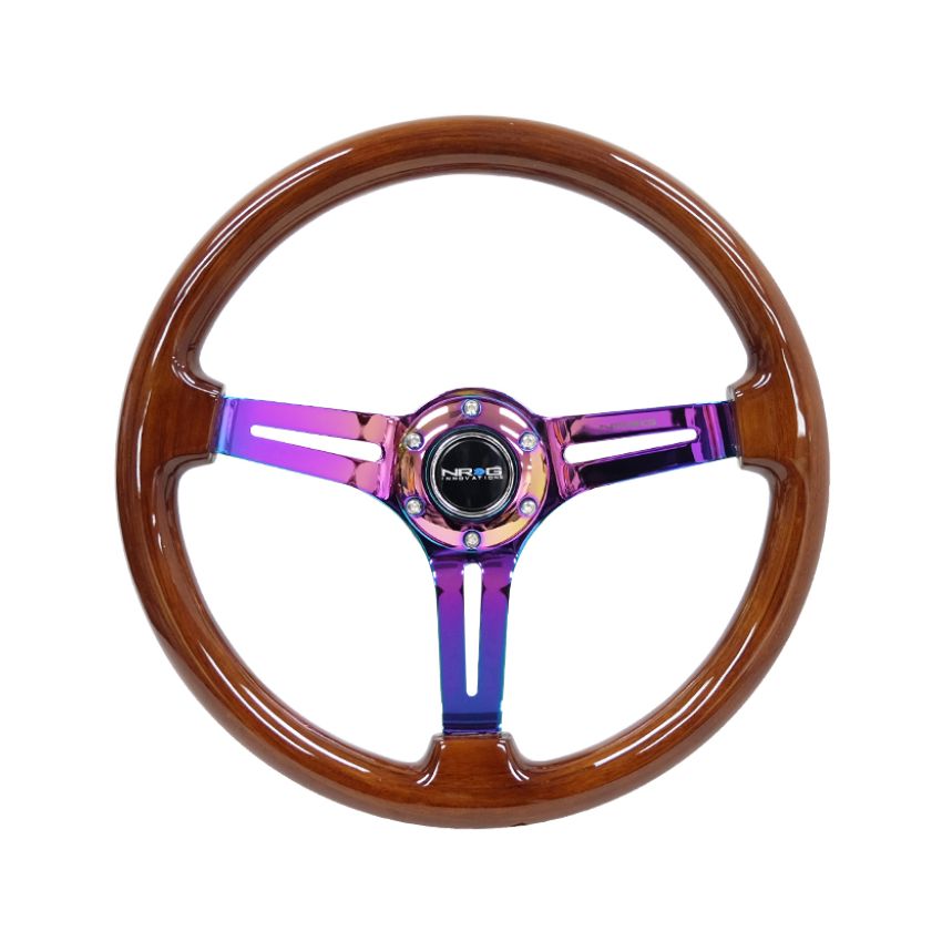 NRG Reinforced Steering Wheel (350mm / 3in. Deep) Brown Wood w/Blk Matte Spoke/Neochrome Center Mark