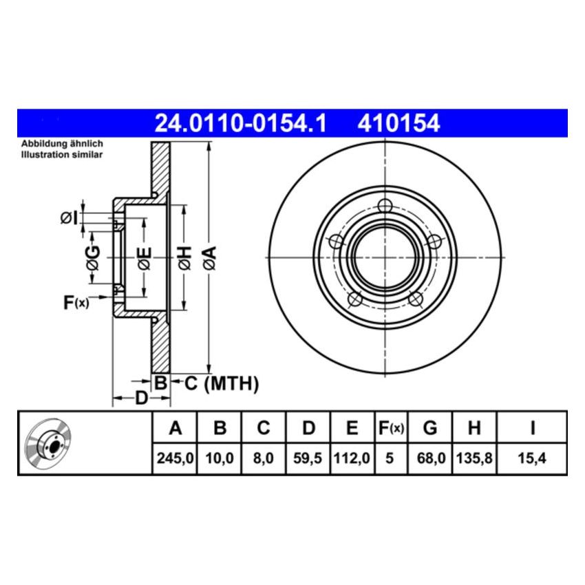 ATE 410154 ATE Original Rear Disc Brake Rotor 410154 for Audi