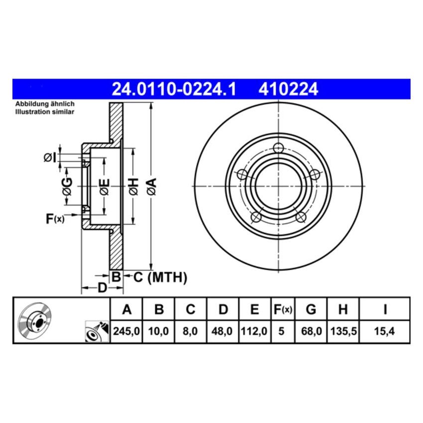 ATE 410224 ATE Original Rear Disc Brake Rotor 410224 for Audi, Volkswagen