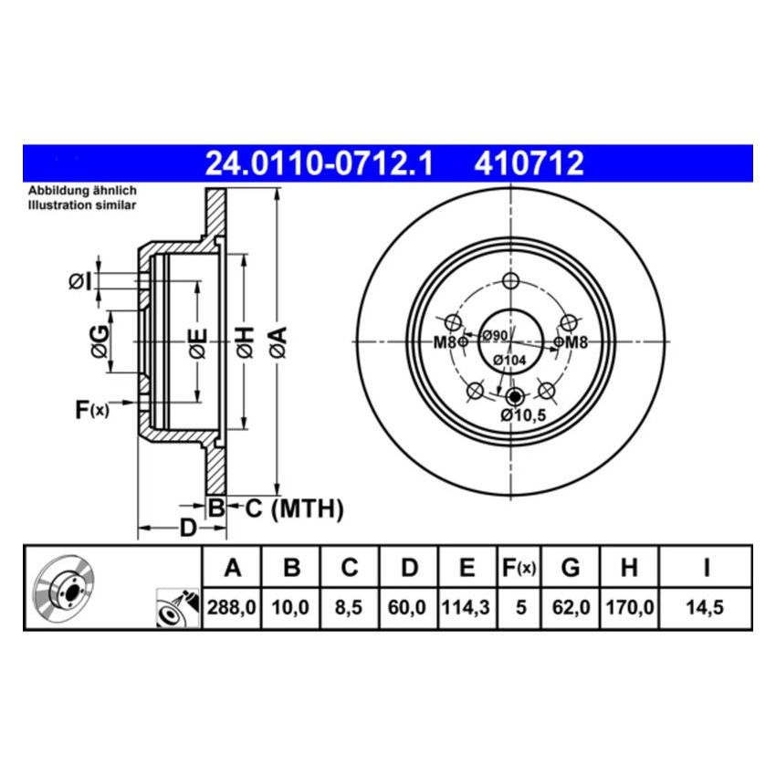 ATE 410712 ATE Original Rear Disc Brake Rotor 410712 for Lexus, Toyota