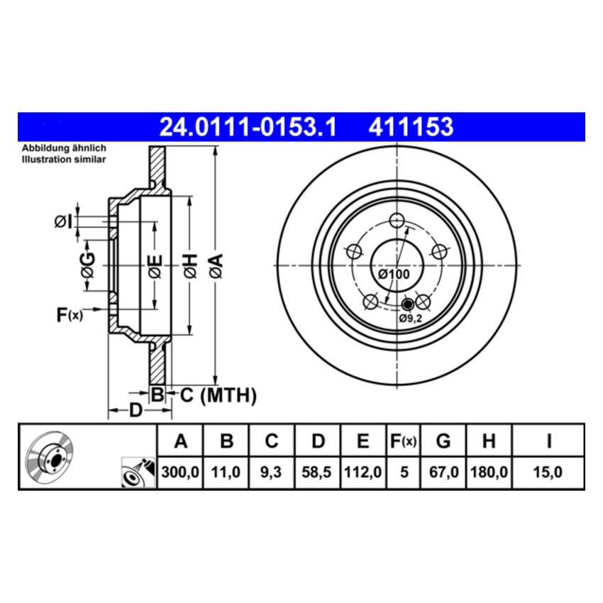 ATE 411153 ATE Original Rear Disc Brake Rotor 411153 for Mercedes Benz