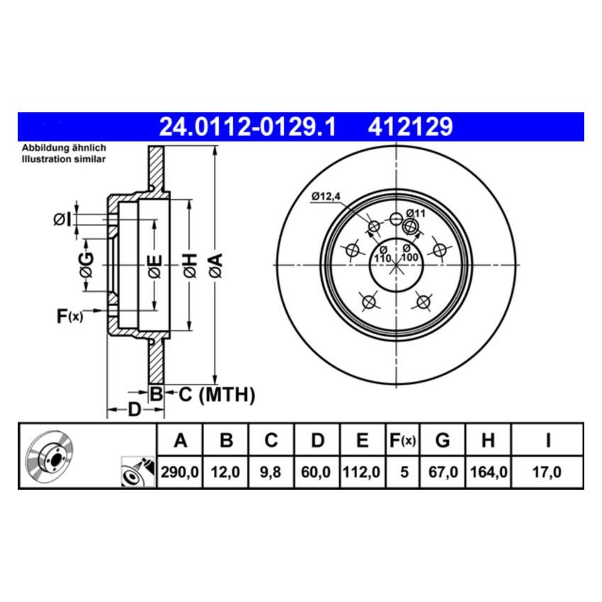 ATE 412129 ATE Original Rear Disc Brake Rotor 412129 for Mercedes Benz