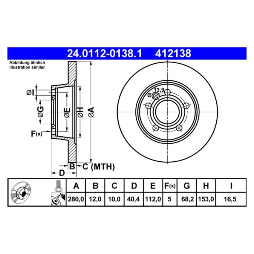 ATE 412138 ATE Original Rear Disc Brake Rotor 412138 for Volkswagen