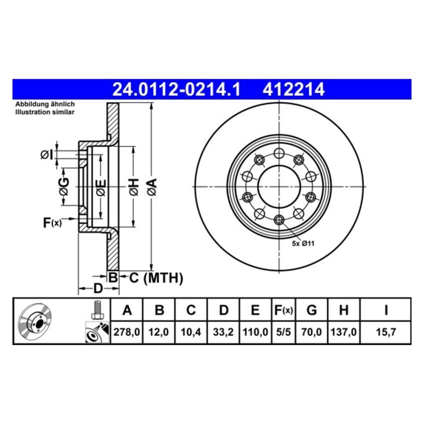 ATE 412214 ATE Original Rear Disc Brake Rotor 412214 for Chrysler, Jeep