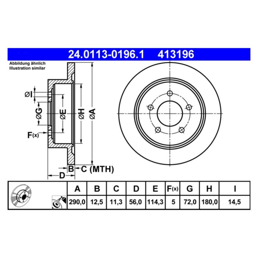 ATE 413196 ATE Original Rear Disc Brake Rotor 413196 for Chrysler, Dodge, Plymouth