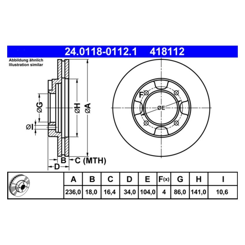 ATE 418112 ATE Original Front Disc Brake Rotor 418112 for Chrysler, Mitsubishi Vehicles