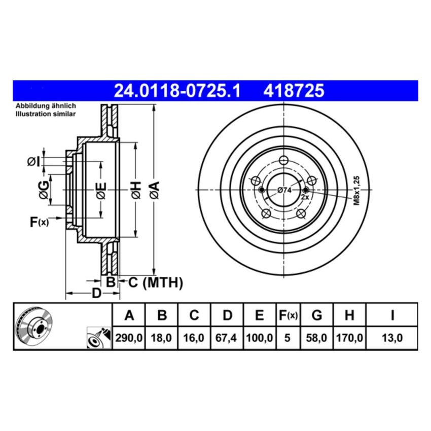 ATE 418725 ATE Original Rear Disc Brake Rotor 418725 for Subaru