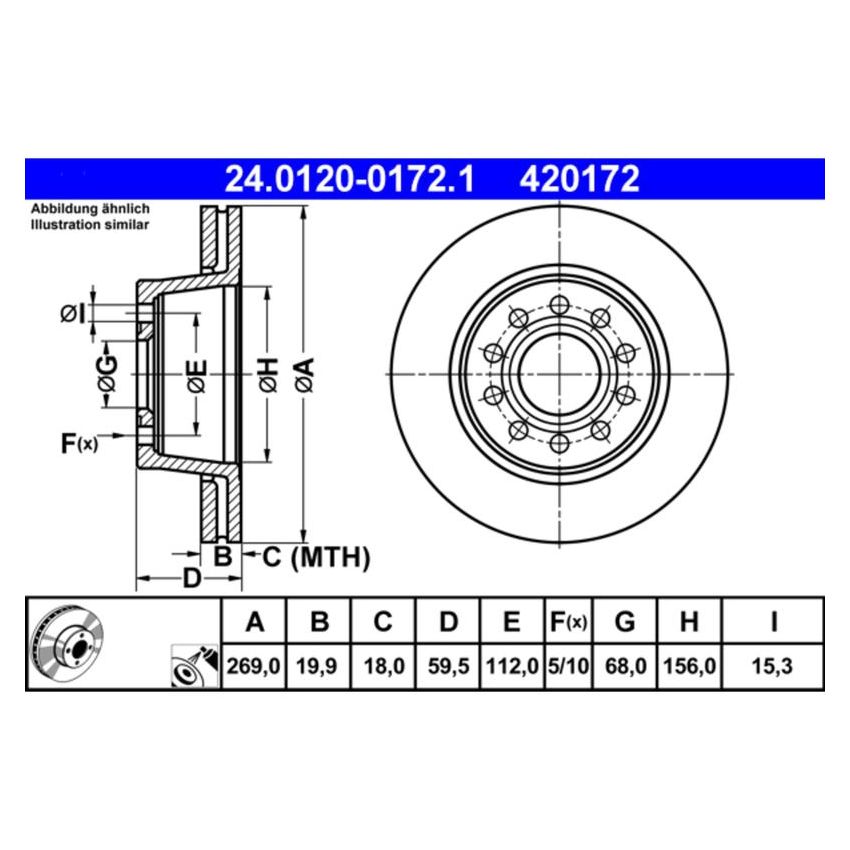 ATE 420172 ATE Original Rear Disc Brake Rotor 420172 for Audi