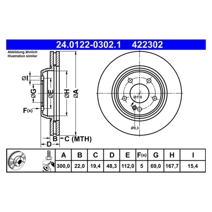 ATE 422302 ATE Original Rear Disc Brake Rotor 422302 for Mercedes Benz