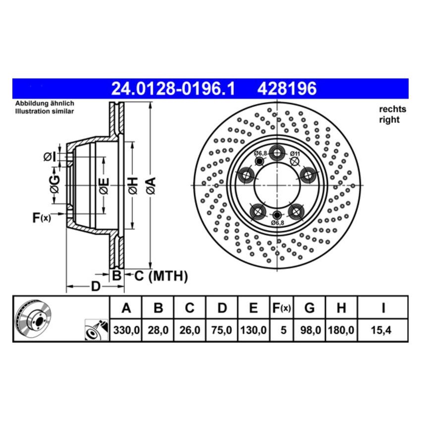 ATE 428196 ATE Original Rear Right Disc Brake Rotor 428196 for Porsche