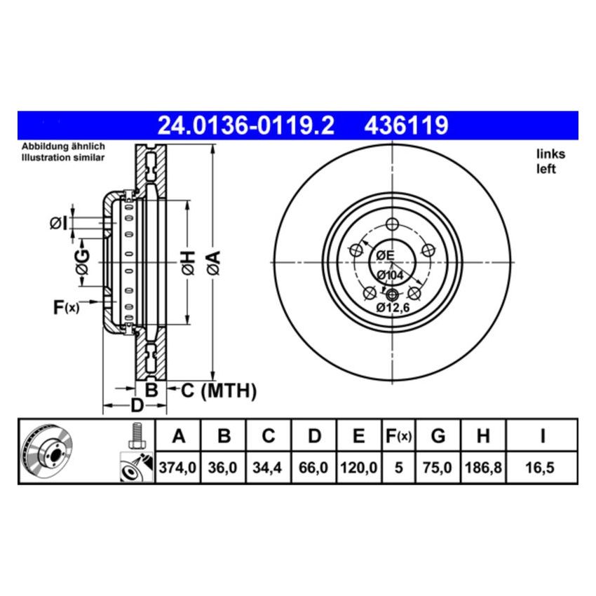 ATE 436119 ATE Original Front Left Disc Brake Rotor 436119 for BMW