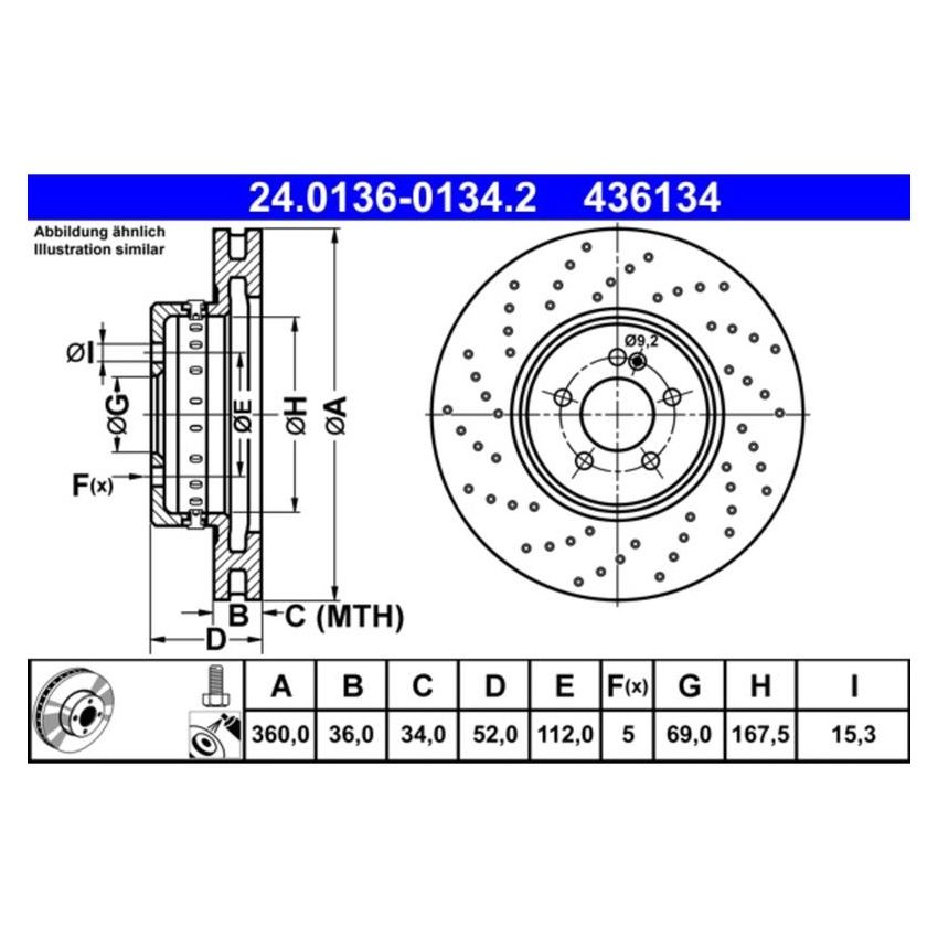 ATE 436134 ATE Original Front Disc Brake Rotor 436134 for Mercedes Benz