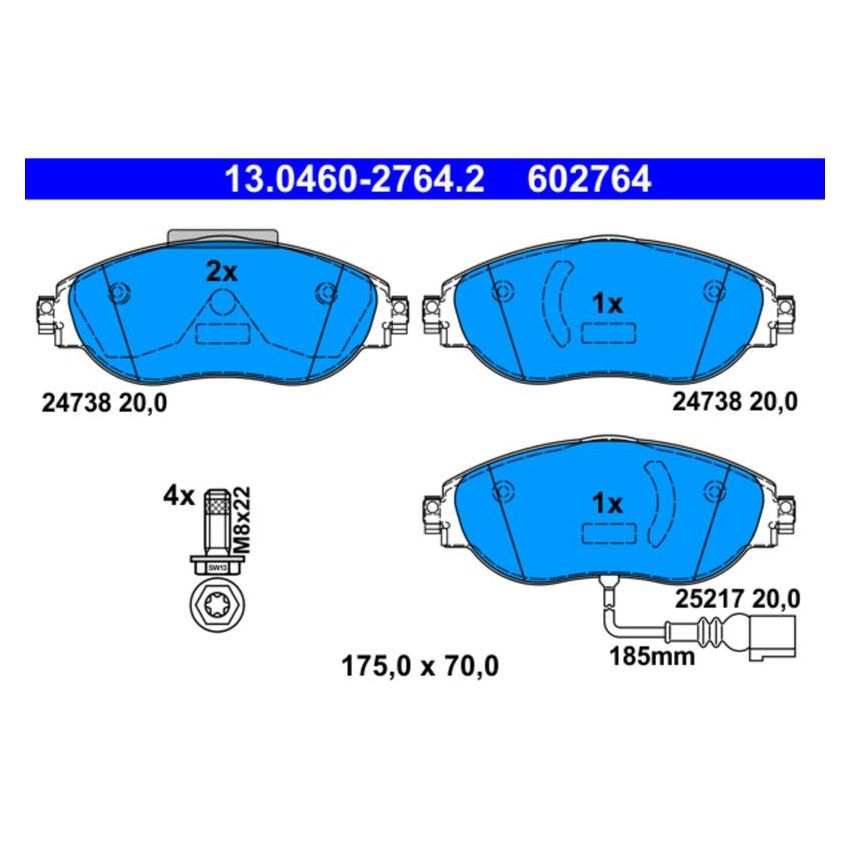 ATE 602764 ATE Original Semi-Metallic Front Disc Brake Pad Set 602764 for Audi, Volkswagen