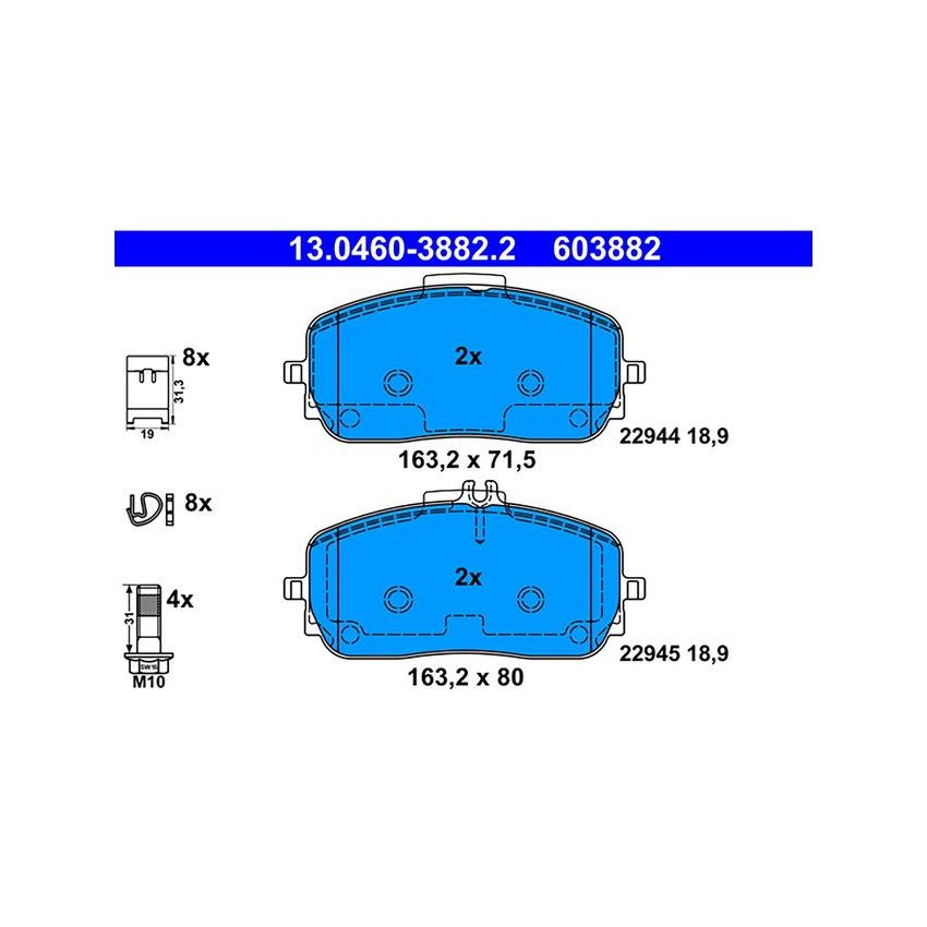 ATE 603882 ATE Original Semi-Metallic Front Disc Brake Pad Set 603882 for Mercedes-Benz