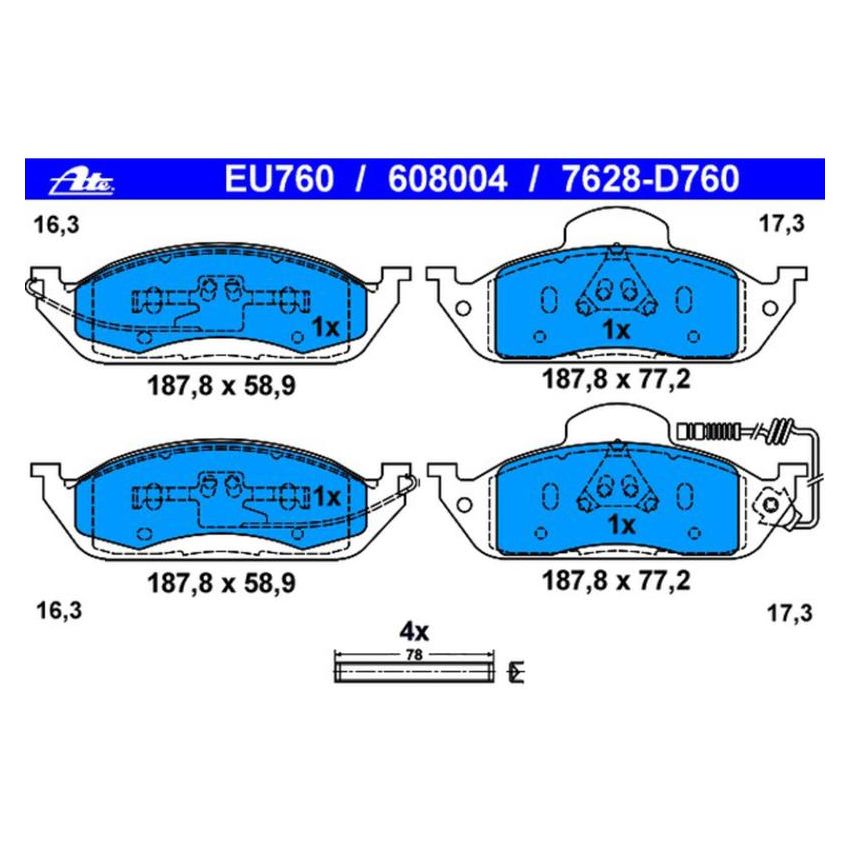 ATE 608004 ATE Original Semi-Metallic Front Disc Brake Pad Set 608004 for Mercedes-Benz