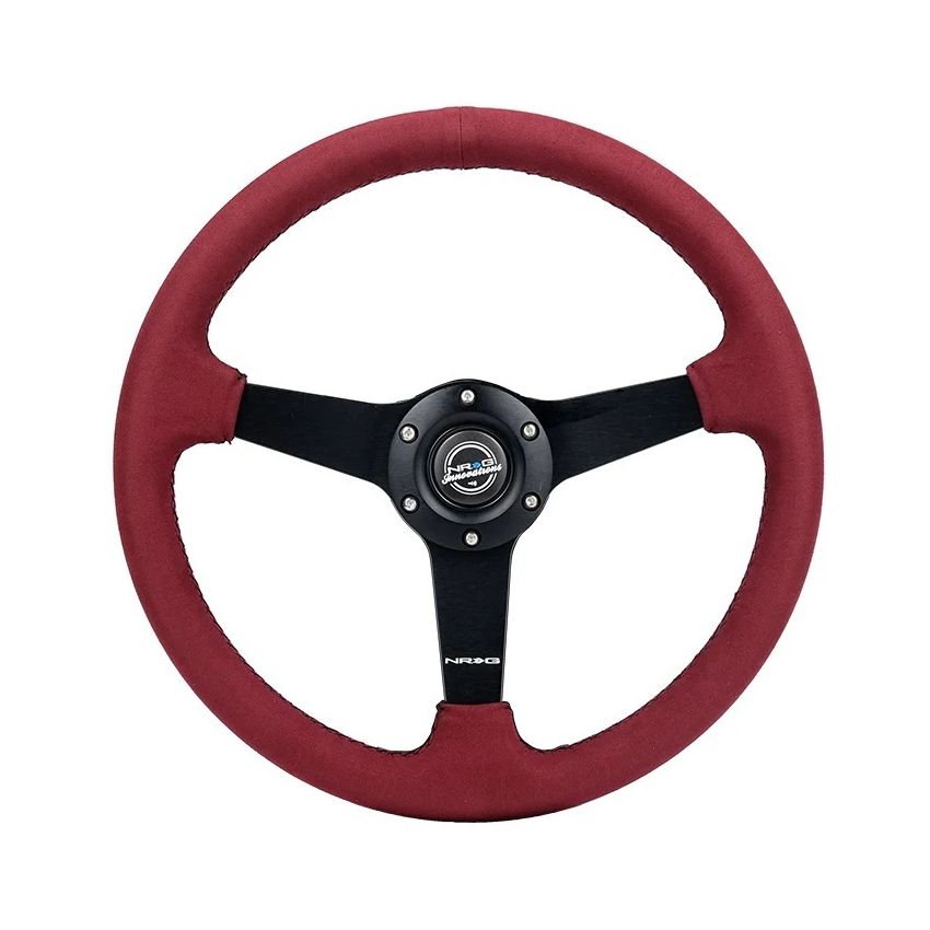 NRG RST-037MB-BUA Sport Wheel (350mm) 3 Solid Spokes - 1.5in Deep - Burgundy - Micro Suede - Black Stitching