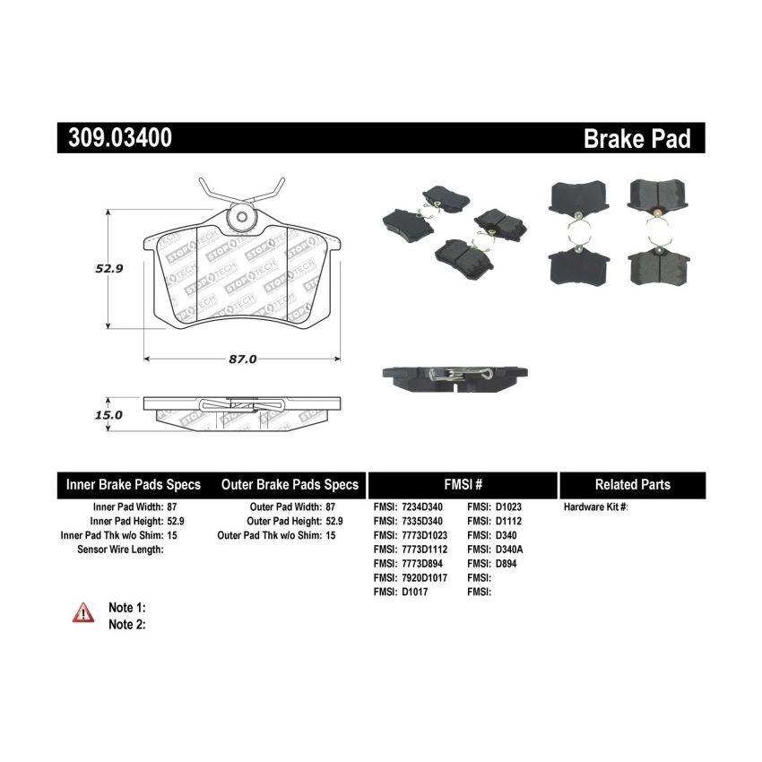 Stoptech 309.03400 02-08 Audi A4 Quattro / 2/99-02 Audi S4 / 93-10 VW Golf GL/GLS Performance Rear Brake Pads