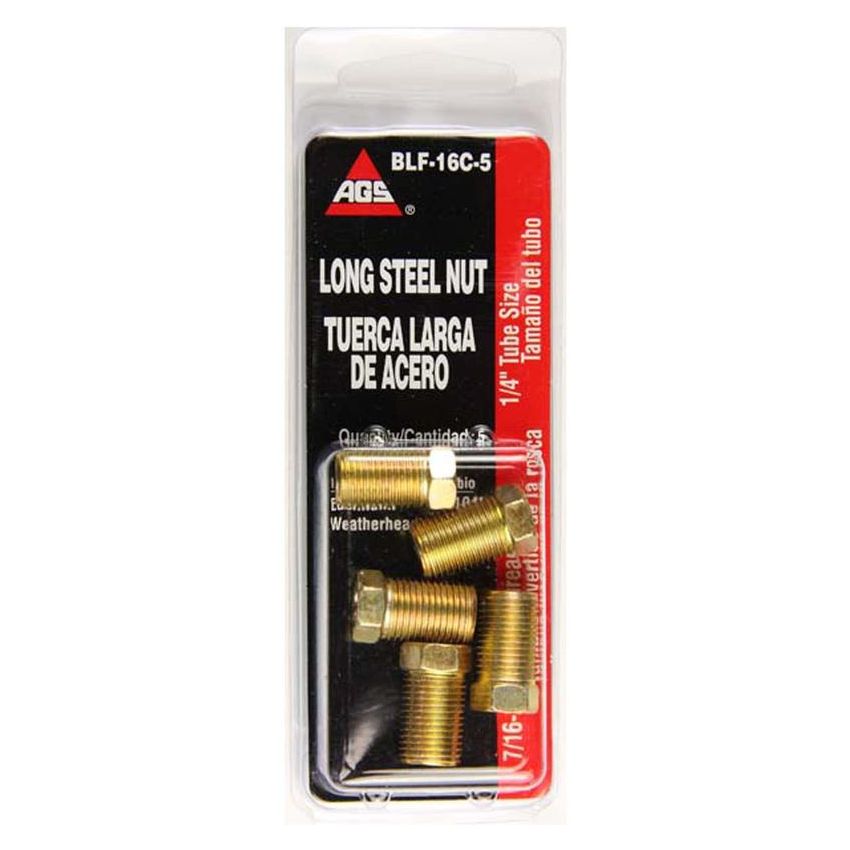 AGS BLF-16C-5 Steel Tube Nut, Long, 1/4 (7/16-24 Inverted), 5/card