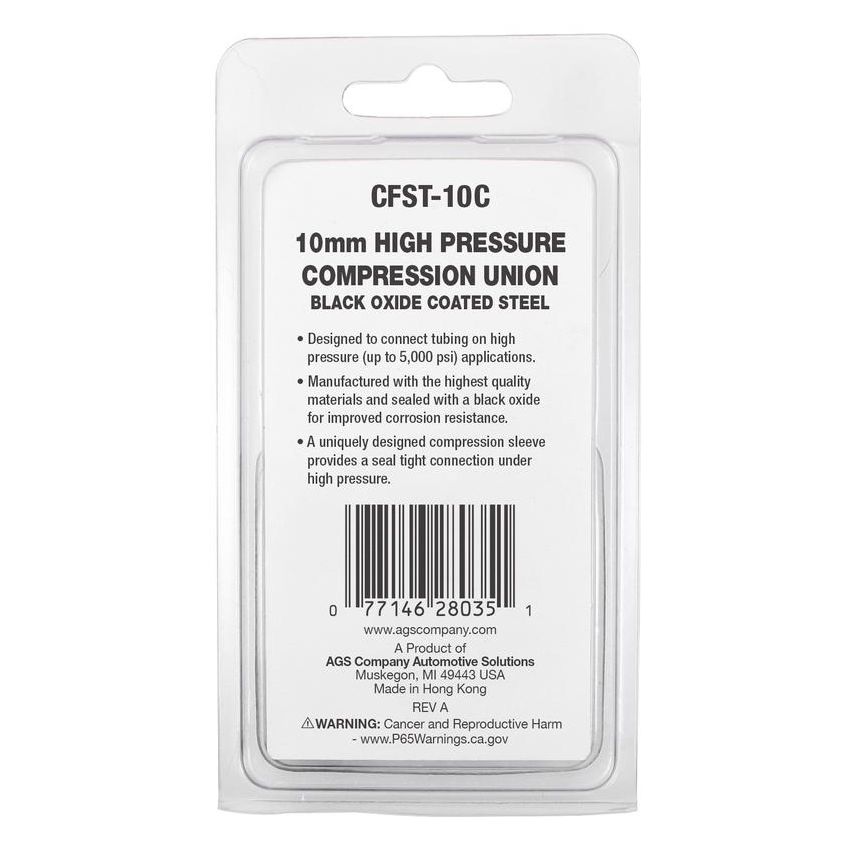 AGS CFST-10C Black Oxide Coated Steel, High Pressure, Compression Union, 10MM, Card