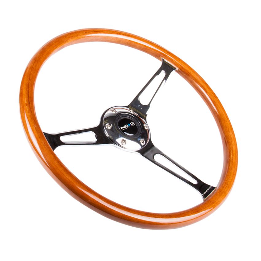 NRG Reinforced Steering Wheel (360mm) Classic Wood Grain w/Chrome Cutout 3-Spoke Center