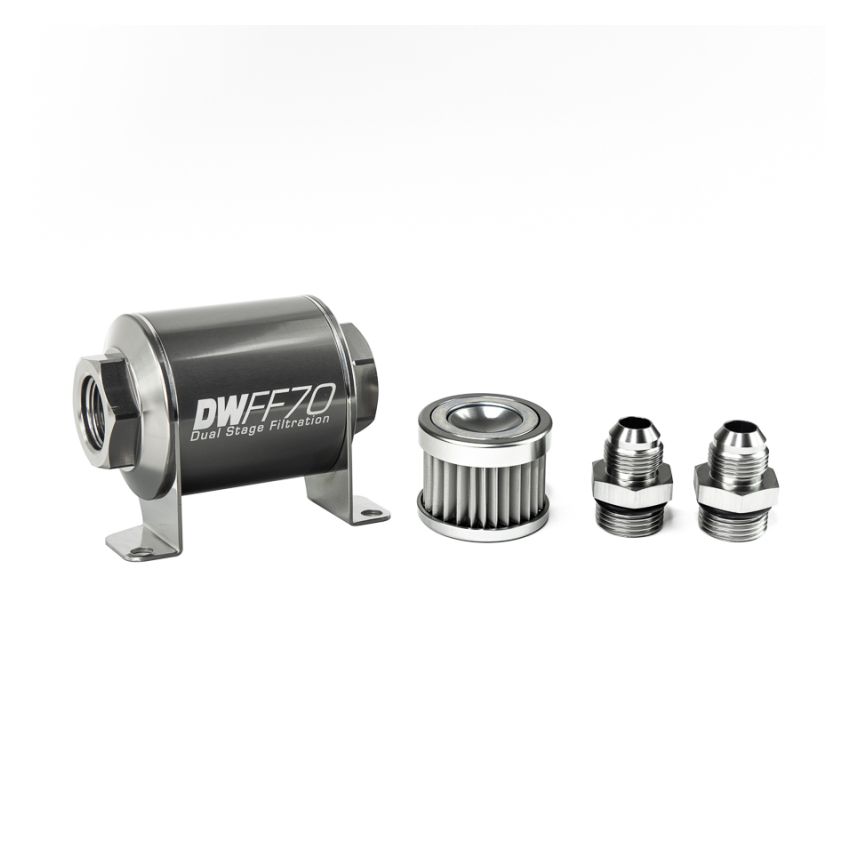 DeatschWerks Stainless Steel 8AN 5 Micron Universal Inline Fuel Filter Housing Kit (70mm)