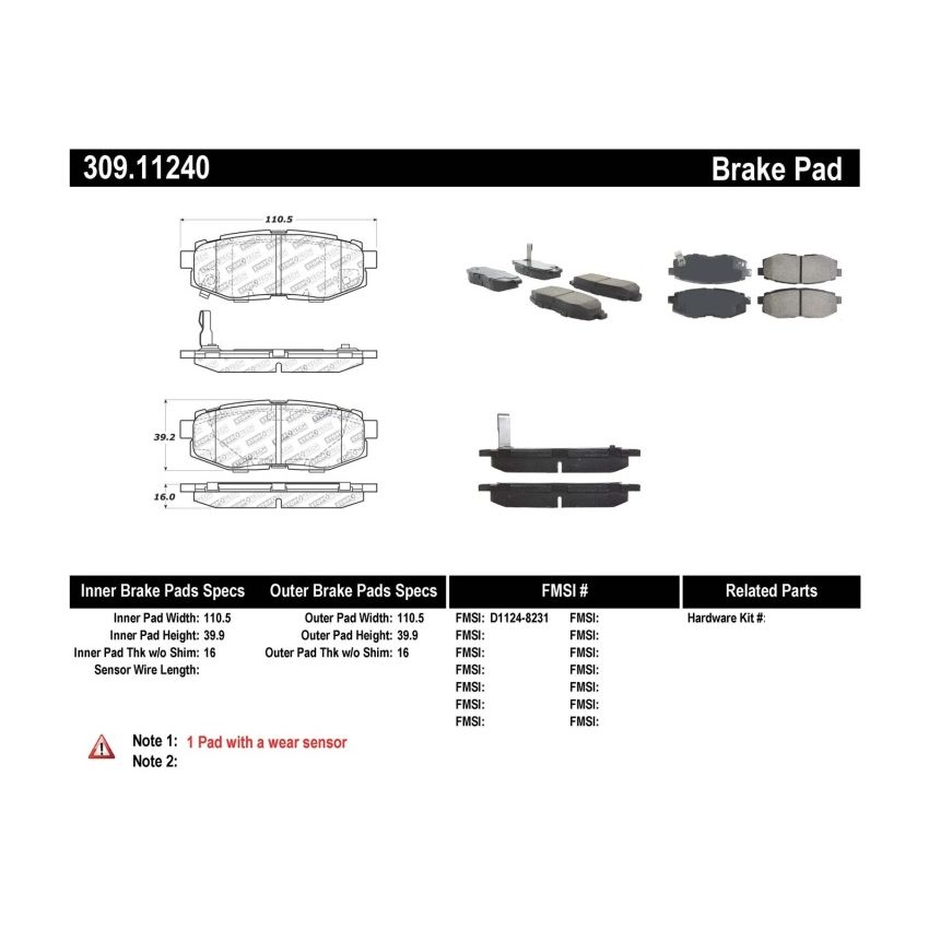 Stoptech 309.11240 Performance 06-10 Subaru Legacy Sedan/Outback/13 BRZ / 13 Scion FR-S Rear Brake Pads