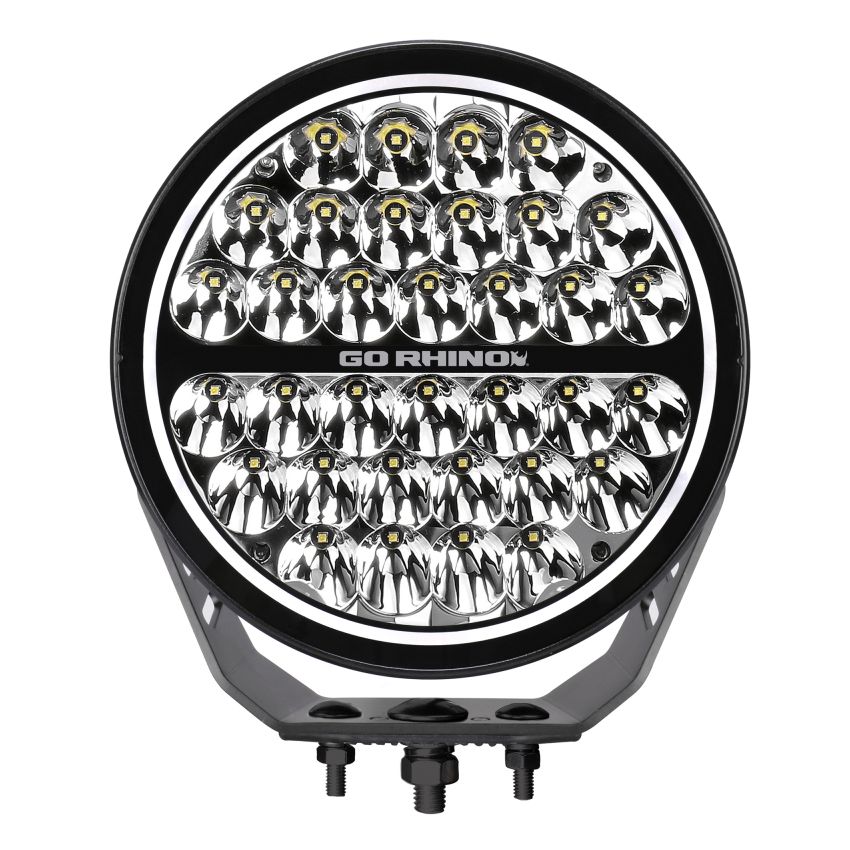 Go Rhino 751700911SRS Xplor Blackout Series Round Single LED Spot Light Kit w/DRL (Surface Mount) 9in. - Blk