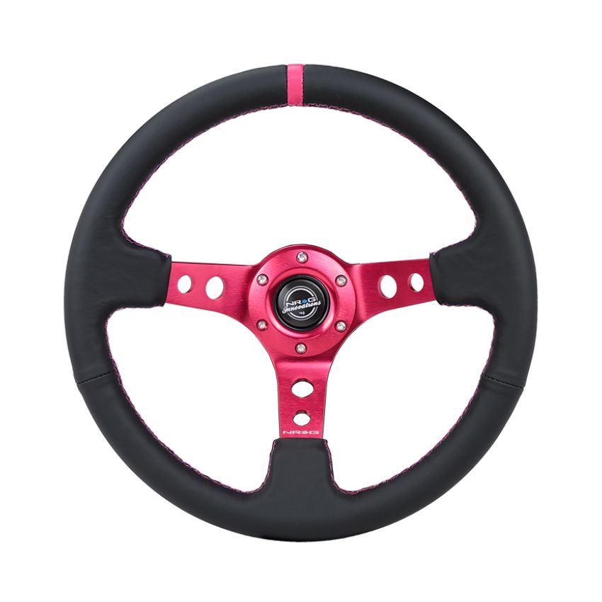 NRG RST-006FH Reinforced Steering Wheel (350mm/3in. Deep) Black Leather/ Fushia Center Mark/ Fushia Stitching