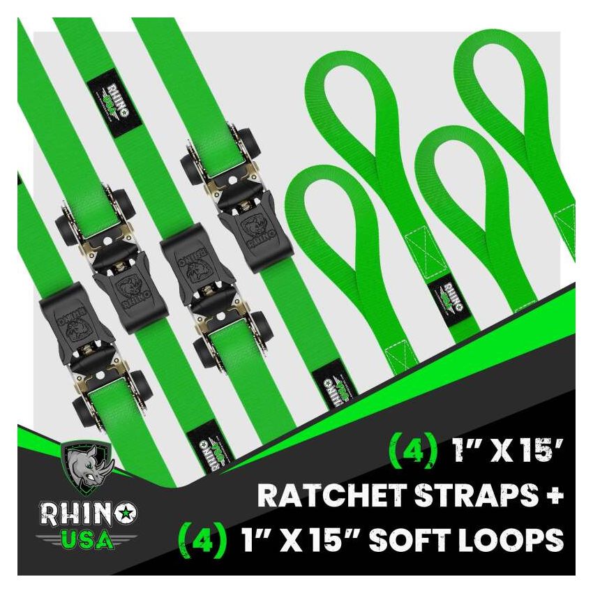 Rhino USA RCHT-4PACK-GRN Medium Duty Ratchet Strap Tie-Down 4-Pack (Green)