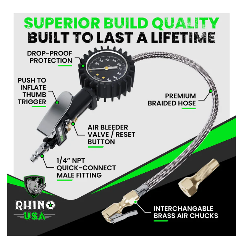Rhino USA RGAUGE-0100 100 Psi Analog Tire Inflator Gauge