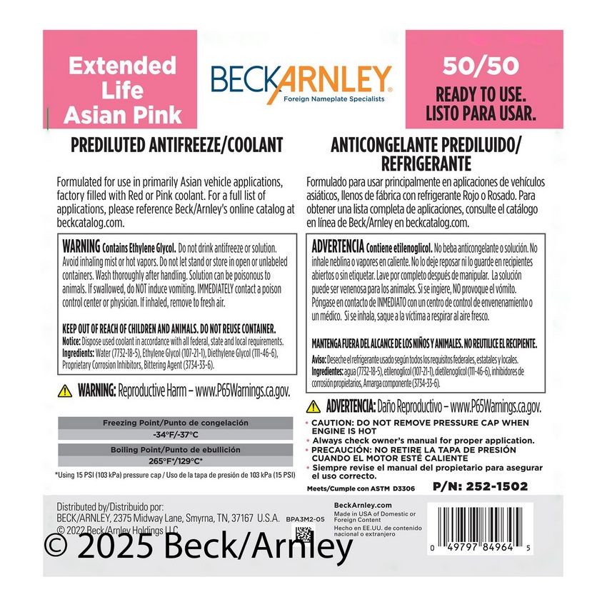 BECK/ARNLEY 252-1502 COOLANT  PINK