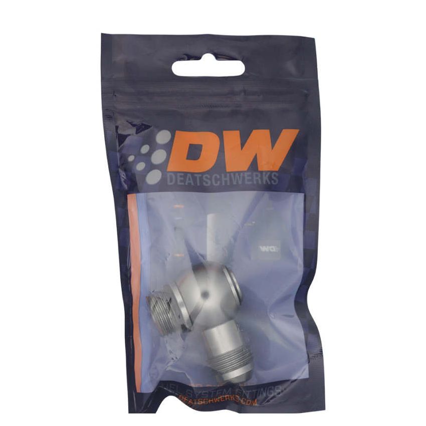 DeatschWerks 8AN ORB Male to 8AN Male Flare Low Profile 90-Degree Swivel - Anodized DW Titanium