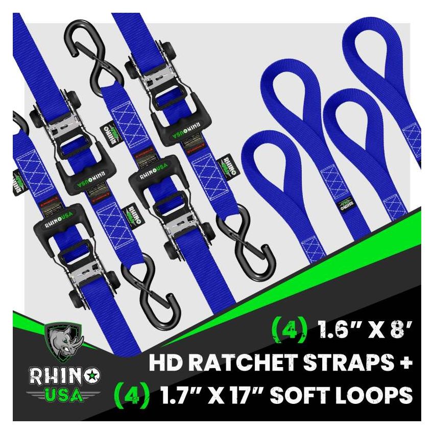 Rhino USA HDKIT-4PK-BLU Heavy Duty Ratchet Tie-Down 4-Pack (Blue) 1.6In X 8Ft